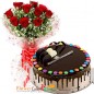 half kg heart shape chocolate games cake and 10 red roses bouquet