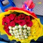 30 red yellow roses and 24 ferrero rocher chocolate bouquet