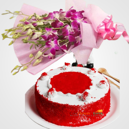 Red-Velvet-Cake-Eggless-and-6-purple-orchids-bouquet-2776