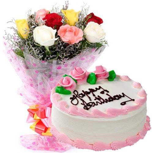 send 500gms Strawberry Cake with Mix roses Bunch  delivery