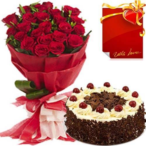send Red Rose Bouquet and 500gms Black Forest Cake Card delivery