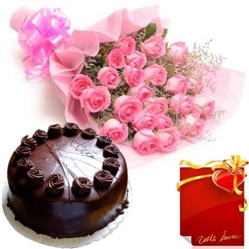 Eggless Chocolate Truffles Cake with Pink Roses Bunch and Card