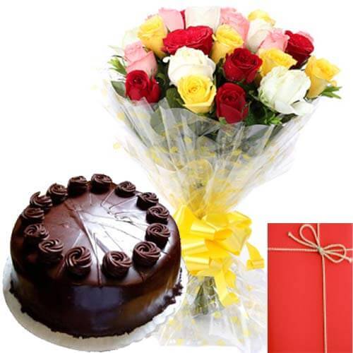 Eggless Chocolate Truffles Cake with Mix Roses Bunch Card