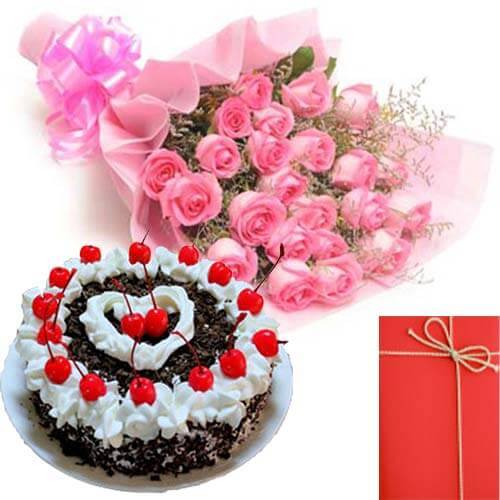  Eggless Black Forest-Cake with Pink Roses Bunch Card