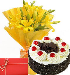 send Yellow Lilies Bunch Eggless Black Forest Cake with Greeting Card delivery