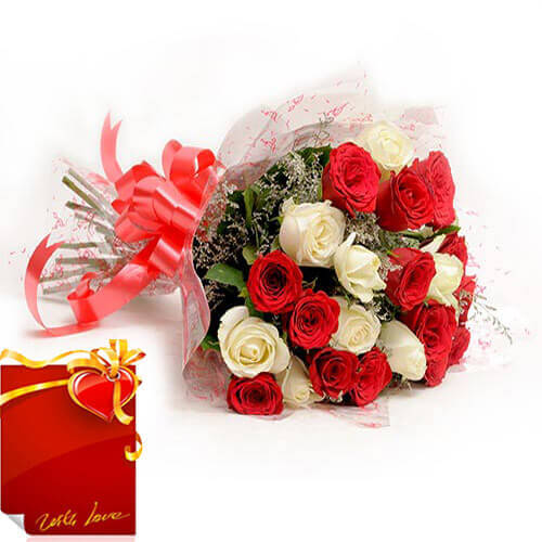send Bunch of Red and White Roses with Card delivery