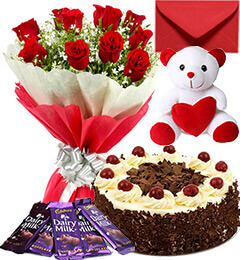 send 500gms Black Forest Cake Teddy Bear Chocolate Red Roses Bouquet Greeting Card delivery