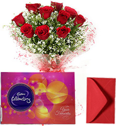 send Red Roses Bouquet with Cadbury Celebrations Chocolate Box delivery