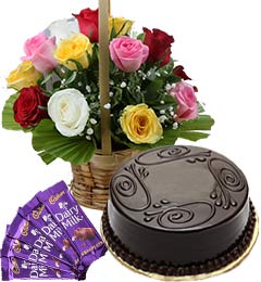 send 1Kg Chocolate Cake Mix Roses Basket n Chocolate delivery