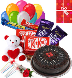 send Chocolate Traffle Cake N Chocolate Teddy Balloons For Any Time delivery