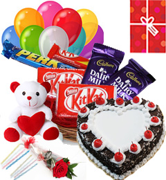 send 1Kg Heart Shaped Black Forest Cake Chocolate Teddy Balloons For Any Occasion delivery