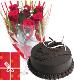 send Eggless Chocolate Truffle Cake Half Kg with Red Roses bunch Combo delivery
