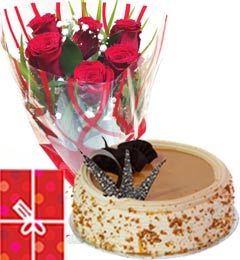 send Eggless Butterscotch Cake Half Kg with Red Roses bunch Combo delivery