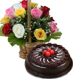 send 1Kg Eggless Chocolate Traffle Cake N Mix Roses Basket delivery