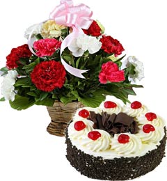 send Black Forest Cake Half Kg n Carnations Basket delivery