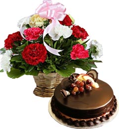 send Chocolate Truffle Cake Half Kg n Carnations Basket delivery
