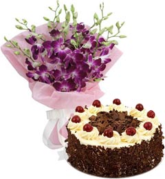 send Eggless Black Forest Cake Half Kg N Orchids Bouquet delivery