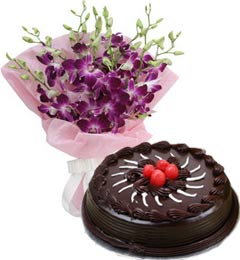 send Eggless Chocolate Truffle Cake Half Kg N Orchids Bouquet delivery