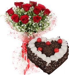 send Heart Shape Black Forest Cake 1Kg Eggless N Red Red Roses Bouquet delivery
