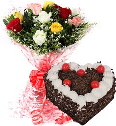 send Heart Shape Black Forest Cake 1Kg Eggless N Mix Roses Bouquet delivery