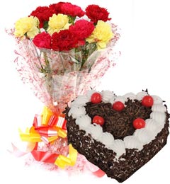 send Heart Shape Black Forest Cake 1Kg Eggless N Carnations Bouquet delivery