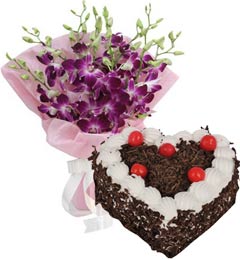 send Heart Shape Black Forest Cake 1Kg Eggless N Orchids Bouquet delivery