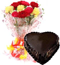 send Heart Shape Chocolate Truffle Cake 1Kg Eggless N Carnations Bouquet delivery