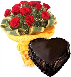 send Heart Shape Chocolate Truffle Cake 1Kg Eggless N Red Roses Bouquet delivery