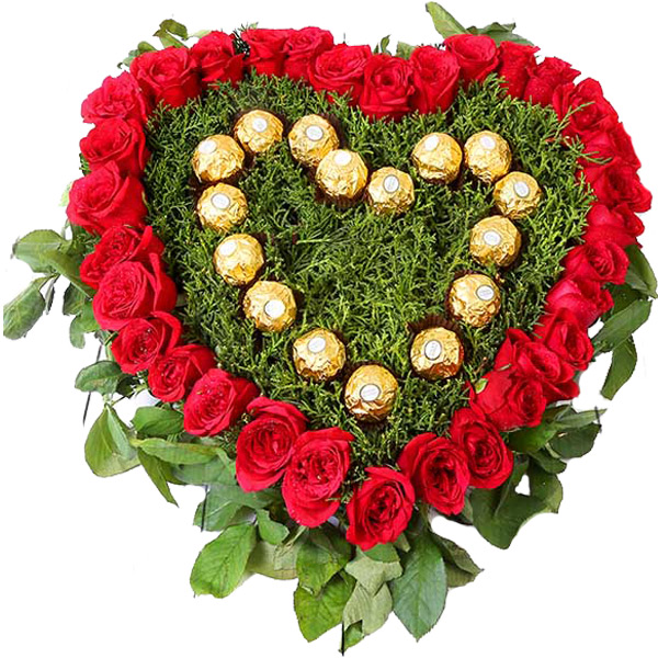 send Heart Shape Arrangements  of Roses n Ferrero Rocher Chocolates  delivery