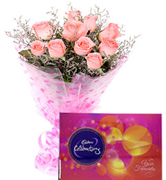 send Pink Roses Bouquet n Cadbury Celebrations Chocolate Box delivery