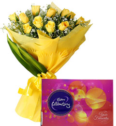 send Yellow Roses Bouquet n Cadbury Celebrations Chocolate Box delivery