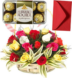 send 25 Mix Roses Basket N 16 Ferrero Rocher Chocolate Gift delivery
