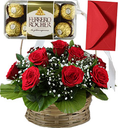 send Red Roses Basket n 16 Ferrero Rocher Chocolate Gift delivery