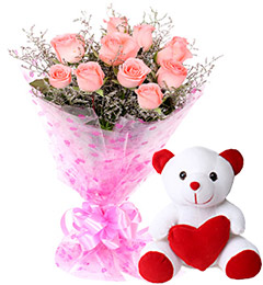 send 10 Pink Roses Bouquet N Cute Teddy delivery