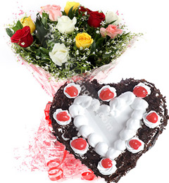 1Kg Heart Shape Black Forest n Red Roses Bouquet Gifts
