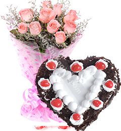 send 1Kg Heart Shape Black Forest Cake N Pink Roses Bouquet Gifts delivery