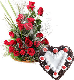 send 1Kg Heart Shape Black Forest n 20 Red Roses Basket Gifts delivery
