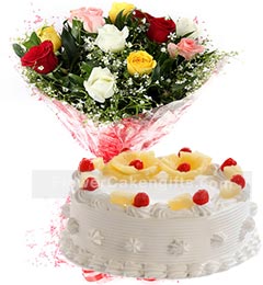 send 1Kg Pineapple Cake N Mix Roses Bouquet delivery
