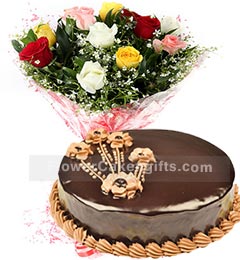 send 1Kg Chocolate Cake N Mix Roses Bouquet delivery