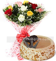 send 1Kg Butter scotch Cake N Mix Roses Bouquet delivery