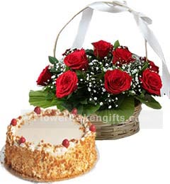send 1Kg Butterscotch Cake N Red Roses Basket delivery
