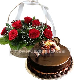send 1Kg Chocolate Cake N Red Roses Basket delivery