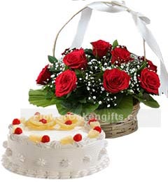 send 1Kg Pineapple Cake N Red Roses Basket delivery