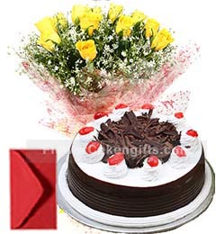 10 Yellow Roses with 500gms Black Forest Cake Combo Gifts