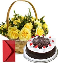 send Black Forest Cake Half Kg N Yellow Roses Busket delivery
