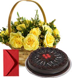 send Chocolate Truffle Cake Half Kg N Yellow Roses Busket delivery