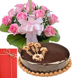 send 1Kg Chocolate Truffle Cake with Pink Roses Bouquet n Greeting Card delivery