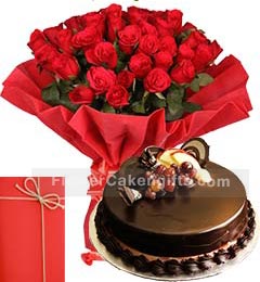 send 25 Red Roses Bouquet with Half Kg Chocolate Truffle Cake n Greeting Card delivery