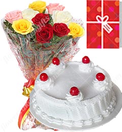 send 1Kg Vanilla Cake 10 Mix Roses bouquet with Greeting Card delivery