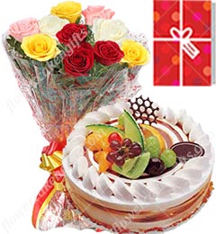 send 1Kg Fruit Cake 10 Mix Roses bouquet n Greeting Card delivery